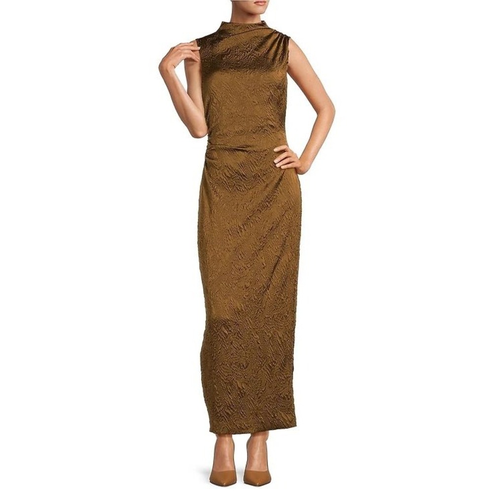 Antonio Melani Julia Dress Umber Brown Crinkle Textured Maxi Mock Neck 6 NEW